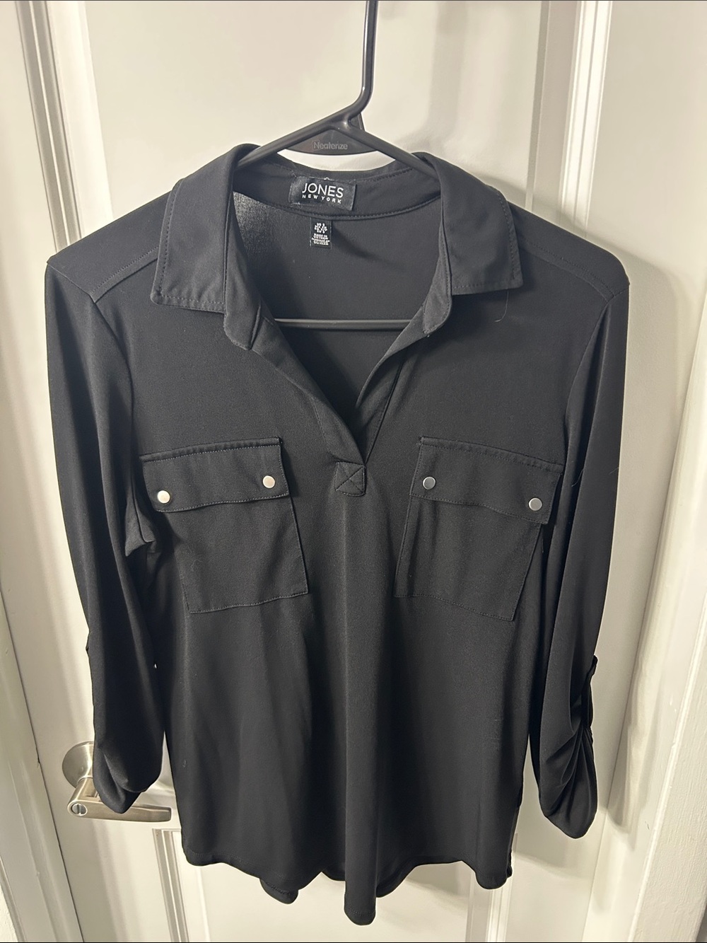 Jones New York Black Button-Pocket Collared Top